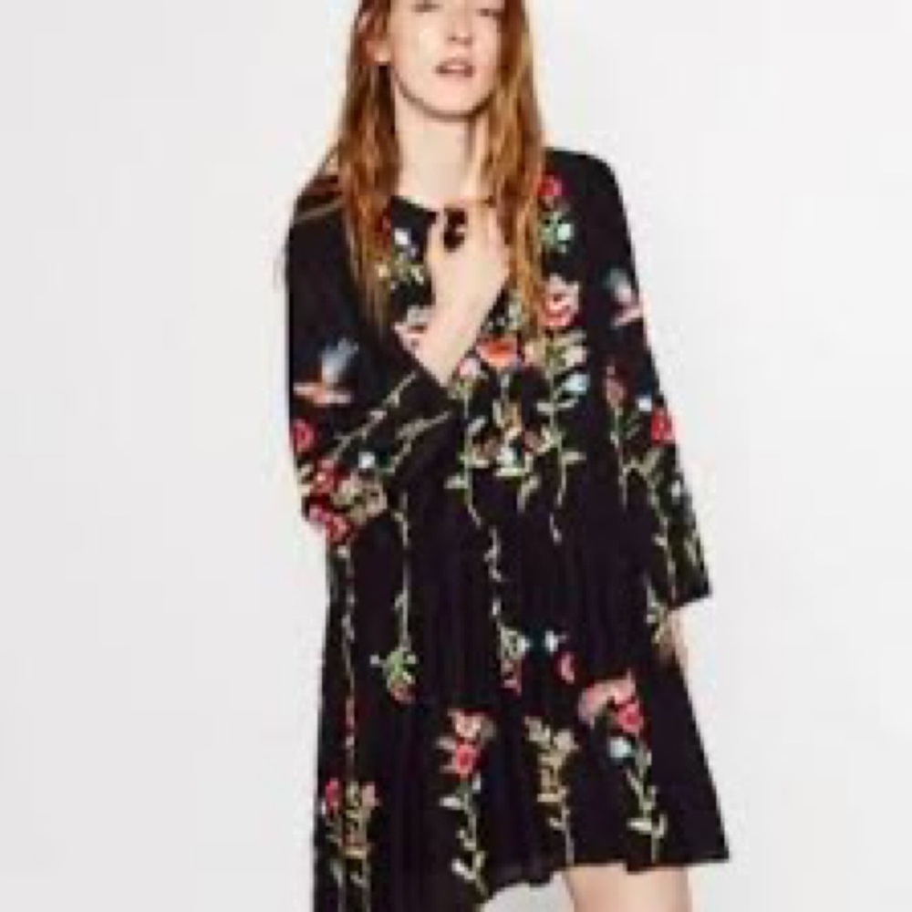 Zara Black Swing Dress with Orange and Green Embroidery XS - Picture 2 of 11